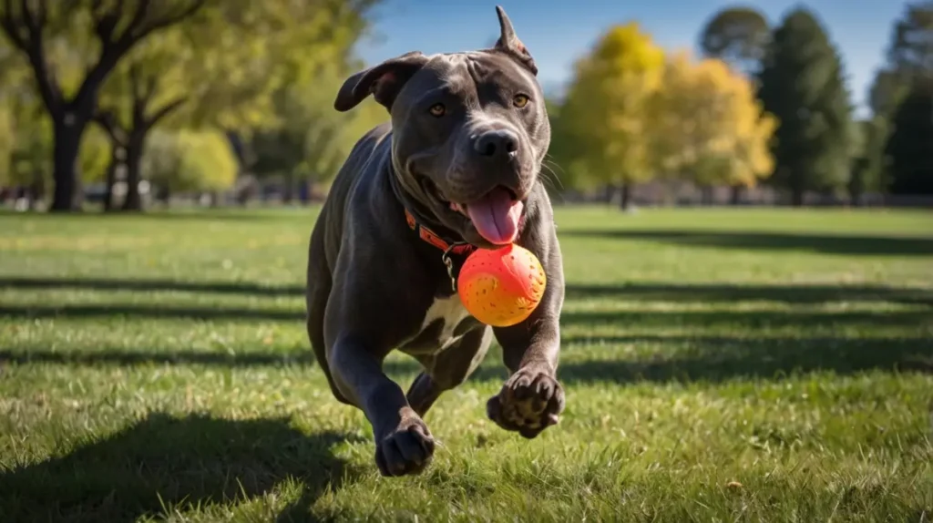 cane corso pitbull mix exercise A Cane Corso Pitbull Mix running energetically across a field with a bright orange ball in its mouth.
