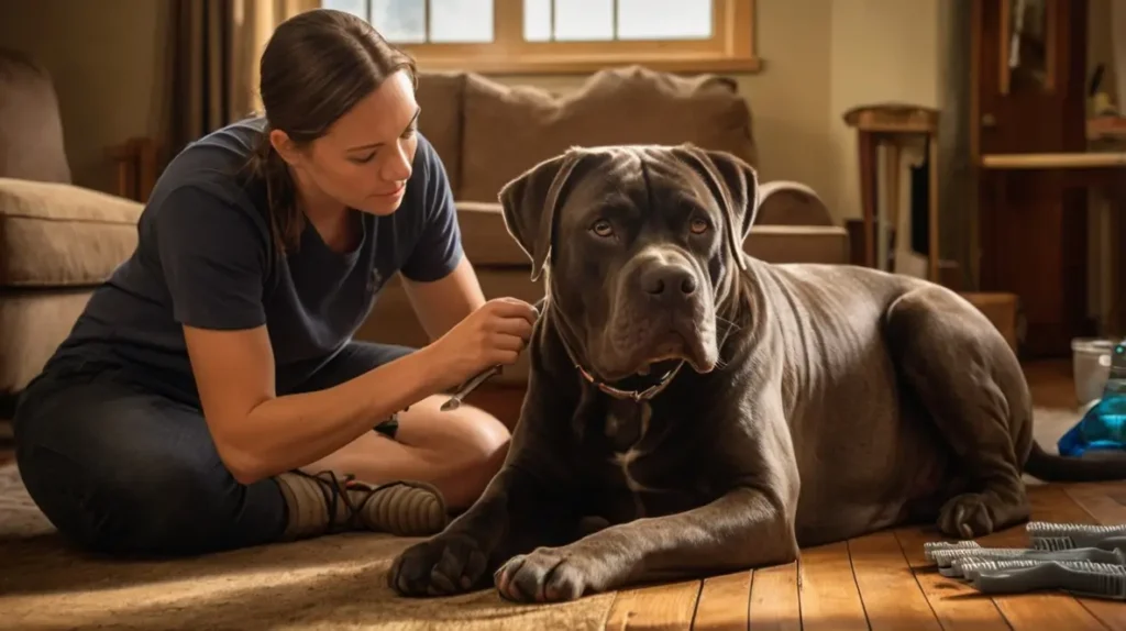 Grooming a Cane Corso Pitbull Mix A woman sitting on the floor caring for a large Cane Corso Pitbull Mix dog in a cozy living room.